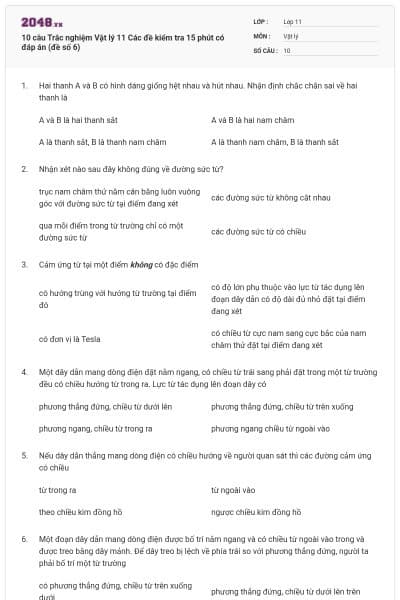10 câu Trắc nghiệm Vật lý 11 Các đề kiểm tra 15 phút có đáp án (đề số 6)