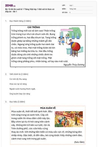 Bộ 10 đề thi cuối kì 1 Tiếng Việt lớp 1 Kết nối tri thức có đáp án - Đề 1