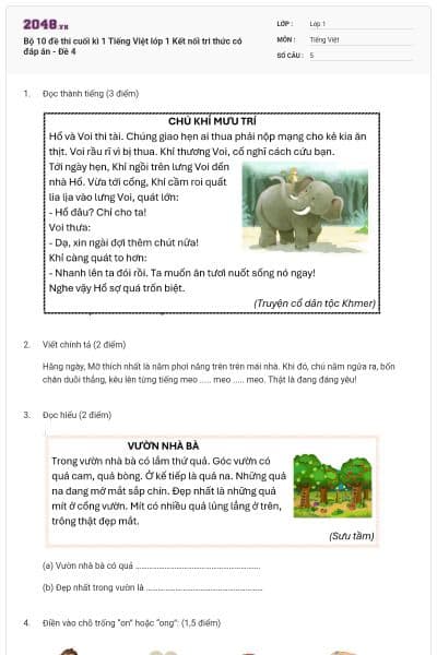 Bộ 10 đề thi cuối kì 1 Tiếng Việt lớp 1 Kết nối tri thức có đáp án - Đề 4