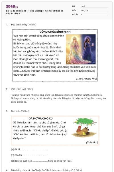 Bộ 10 đề thi cuối kì 1 Tiếng Việt lớp 1 Kết nối tri thức có đáp án - Đề 5