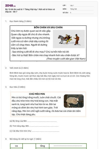 Bộ 10 đề thi cuối kì 1 Tiếng Việt lớp 1 Kết nối tri thức có đáp án - Đề 7