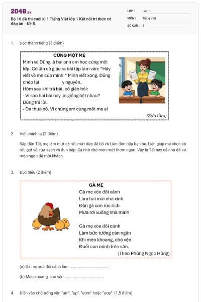 Bộ 10 đề thi cuối kì 1 Tiếng Việt lớp 1 Kết nối tri thức có đáp án - Đề 8