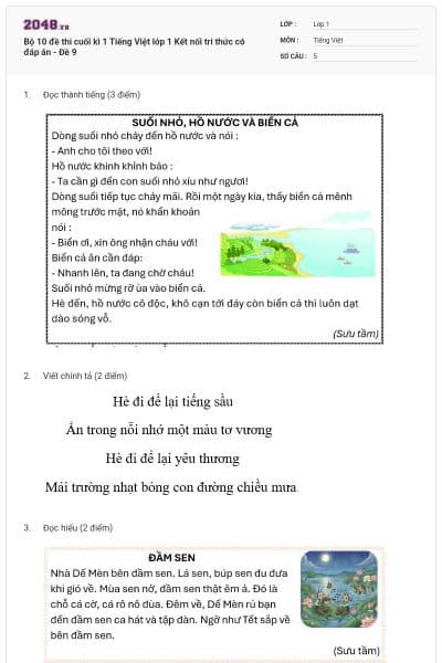 Bộ 10 đề thi cuối kì 1 Tiếng Việt lớp 1 Kết nối tri thức có đáp án - Đề 9