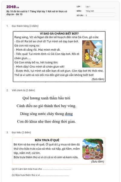 Bộ 10 đề thi cuối kì 1 Tiếng Việt lớp 1 Kết nối tri thức có đáp án - Đề 10