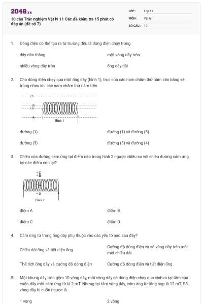 10 câu Trắc nghiệm Vật lý 11 Các đề kiểm tra 15 phút có đáp án (đề số 7)