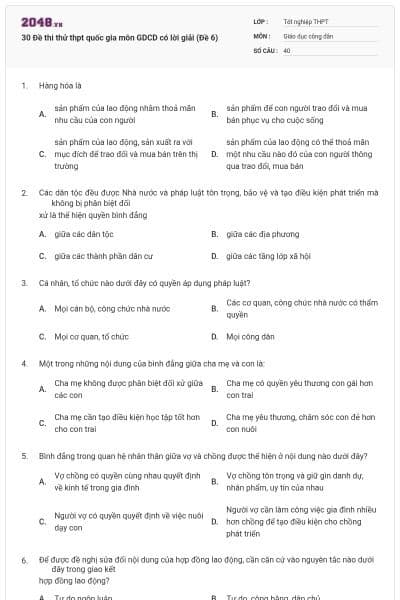 30 Đề thi thử thpt quốc gia môn GDCD có lời giải (Đề 6)