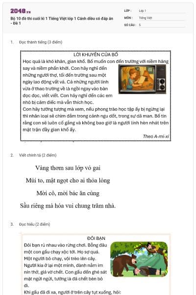 Bộ 10 đề thi cuối kì 1 Tiếng Việt lớp 1 Cánh diều có đáp án - Đề 1