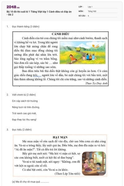 Bộ 10 đề thi cuối kì 1 Tiếng Việt lớp 1 Cánh diều có đáp án - Đề 2