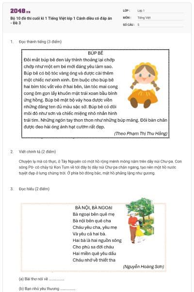 Bộ 10 đề thi cuối kì 1 Tiếng Việt lớp 1 Cánh diều có đáp án - Đề 3