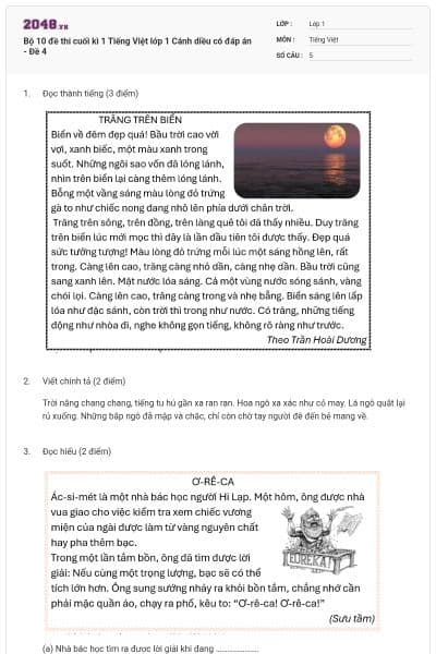 Bộ 10 đề thi cuối kì 1 Tiếng Việt lớp 1 Cánh diều có đáp án - Đề 4