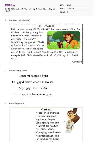 Bộ 10 đề thi cuối kì 1 Tiếng Việt lớp 1 Cánh diều có đáp án - Đề 6