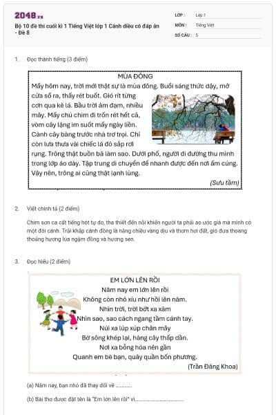 Bộ 10 đề thi cuối kì 1 Tiếng Việt lớp 1 Cánh diều có đáp án - Đề 8