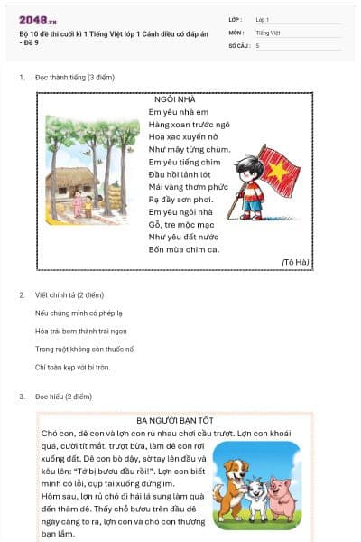 Bộ 10 đề thi cuối kì 1 Tiếng Việt lớp 1 Cánh diều có đáp án - Đề 9