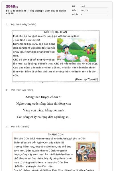 Bộ 10 đề thi cuối kì 1 Tiếng Việt lớp 1 Cánh diều có đáp án - Đề 10