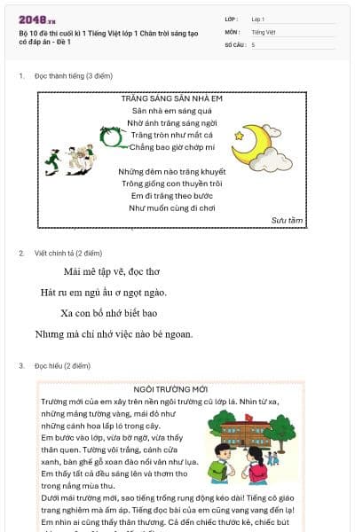 Bộ 10 đề thi cuối kì 1 Tiếng Việt lớp 1 Chân trời sáng tạo có đáp án - Đề 1