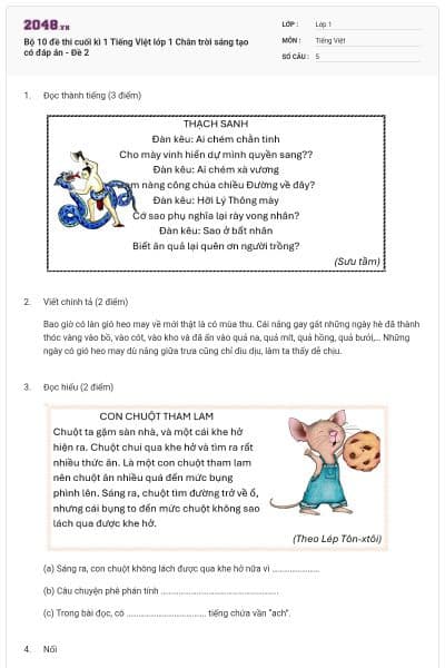 Bộ 10 đề thi cuối kì 1 Tiếng Việt lớp 1 Chân trời sáng tạo có đáp án - Đề 2