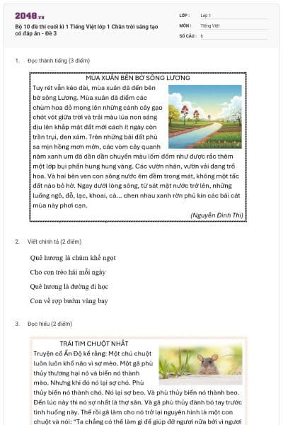 Bộ 10 đề thi cuối kì 1 Tiếng Việt lớp 1 Chân trời sáng tạo có đáp án - Đề 3