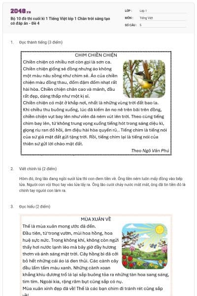 Bộ 10 đề thi cuối kì 1 Tiếng Việt lớp 1 Chân trời sáng tạo có đáp án - Đề 4