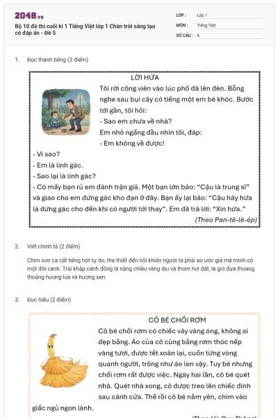 Bộ 10 đề thi cuối kì 1 Tiếng Việt lớp 1 Chân trời sáng tạo có đáp án - Đề 5