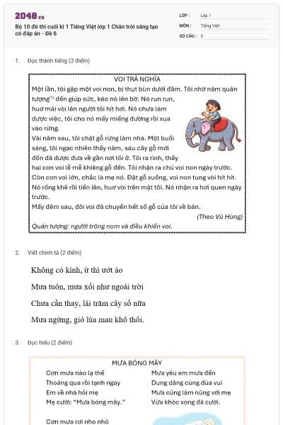 Bộ 10 đề thi cuối kì 1 Tiếng Việt lớp 1 Chân trời sáng tạo có đáp án - Đề 6