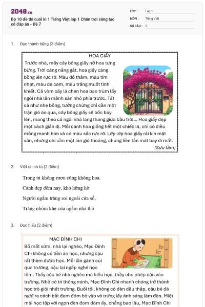 Bộ 10 đề thi cuối kì 1 Tiếng Việt lớp 1 Chân trời sáng tạo có đáp án - Đề 7