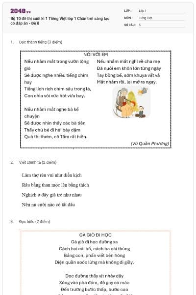 Bộ 10 đề thi cuối kì 1 Tiếng Việt lớp 1 Chân trời sáng tạo có đáp án - Đề 8