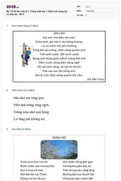 Bộ 10 đề thi cuối kì 1 Tiếng Việt lớp 1 Chân trời sáng tạo có đáp án - Đề 9