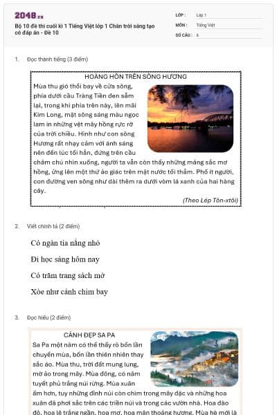 Bộ 10 đề thi cuối kì 1 Tiếng Việt lớp 1 Chân trời sáng tạo có đáp án - Đề 10