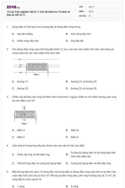 10 câu Trắc nghiệm Vật lý 11 Các đề kiểm tra 15 phút có đáp án (đề số 7)