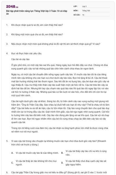 Bài tập phát triển năng lực Tiếng Việt lớp 3 Tuần 10 có đáp án