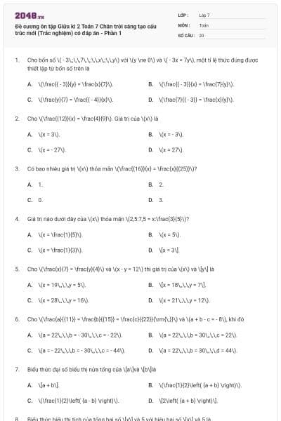 Đề cương ôn tập Giữa kì 2 Toán 7 Chân trời sáng tạo cấu trúc mới (Trắc nghiệm) có đáp án - Phần 1