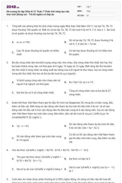 Đề cương ôn tập Giữa kì 21 Toán 7 Chân trời sáng tạo cấu trúc mới (Đúng sai - Trả lời ngắn) có đáp án