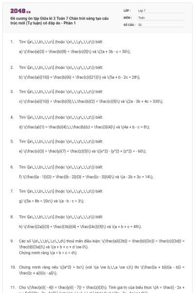 Đề cương ôn tập Giữa kì 2 Toán 7 Chân trời sáng tạo cấu trúc mới (Tự luận) có đáp án - Phần 1
