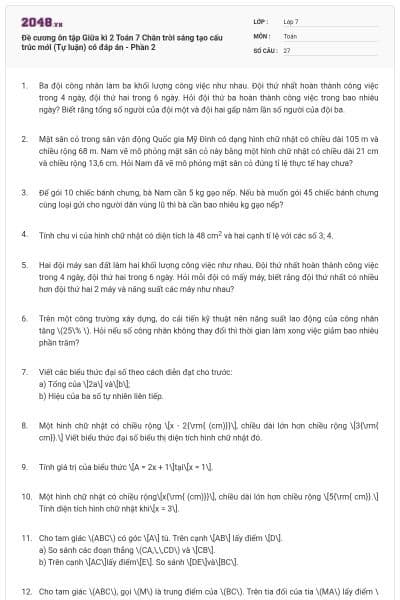 Đề cương ôn tập Giữa kì 2 Toán 7 Chân trời sáng tạo cấu trúc mới (Tự luận) có đáp án - Phần 2