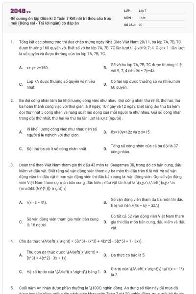 Đề cương ôn tập Giữa kì 2 Toán 7 Kết nối tri thức cấu trúc mới (Đúng sai - Trả lời ngắn) có đáp án