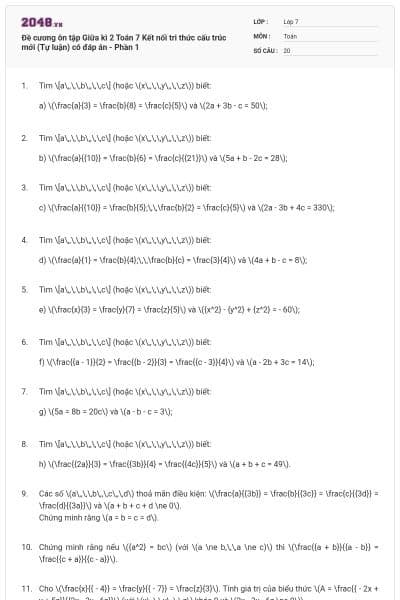 Đề cương ôn tập Giữa kì 2 Toán 7 Kết nối tri thức cấu trúc mới (Tự luận) có đáp án - Phần 1