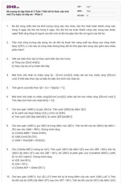 Đề cương ôn tập Giữa kì 2 Toán 7 Kết nối tri thức cấu trúc mới (Tự luận) có đáp án - Phần 2