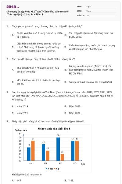 Đề cương ôn tập Giữa kì 2 Toán 7 Cánh diều cấu trúc mới (Trắc nghiệm) có đáp án - Phần 1