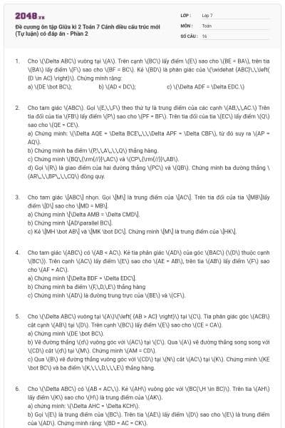 Đề cương ôn tập Giữa kì 2 Toán 7 Cánh diều cấu trúc mới (Tự luận) có đáp án - Phần 2