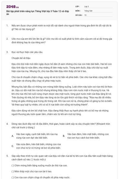 Bài tập phát triển năng lực Tiếng Việt lớp 3 Tuần 12 có đáp án