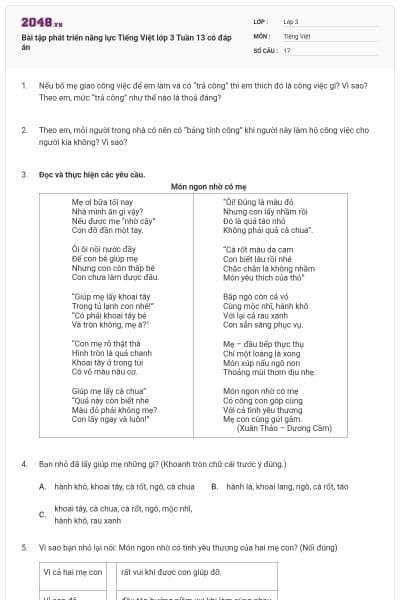 Bài tập phát triển năng lực Tiếng Việt lớp 3 Tuần 13 có đáp án