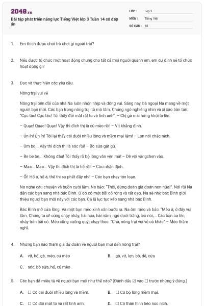 Bài tập phát triển năng lực Tiếng Việt lớp 3 Tuần 14 có đáp án