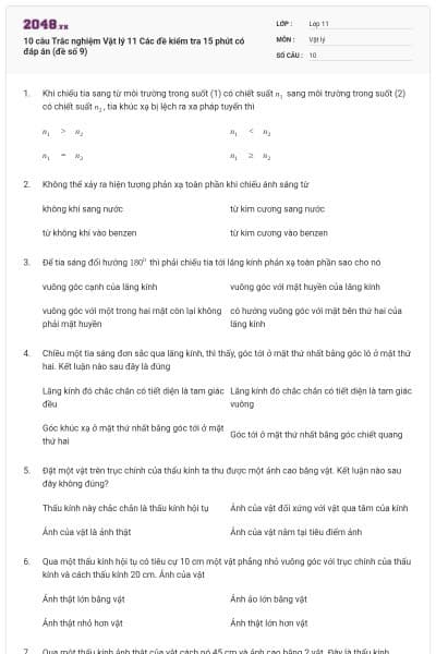 10 câu Trắc nghiệm Vật lý 11 Các đề kiểm tra 15 phút có đáp án (đề số 9)