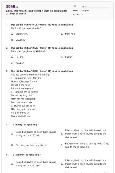 23 câu Trắc nghiệm Tiếng Việt lớp 1 Chân trời sáng tạo Bài 2: Đi học có đáp án