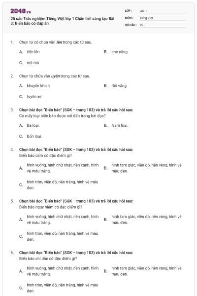 25 câu Trắc nghiệm Tiếng Việt lớp 1 Chân trời sáng tạo Bài 3: Biển báo có đáp án