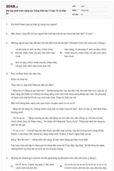Bài tập phát triển năng lực Tiếng Việt lớp 3 Tuần 16 có đáp án