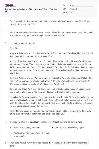 Bài tập phát triển năng lực Tiếng Việt lớp 3 Tuần 17 có đáp án