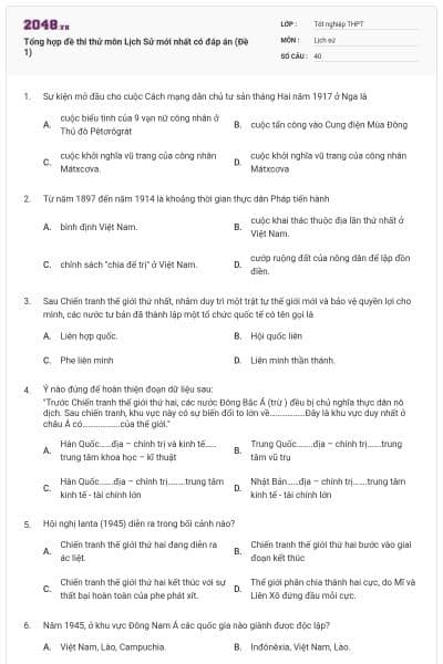 Tổng hợp đề thi thử môn Lịch Sử mới nhất có đáp án (Đề 1)