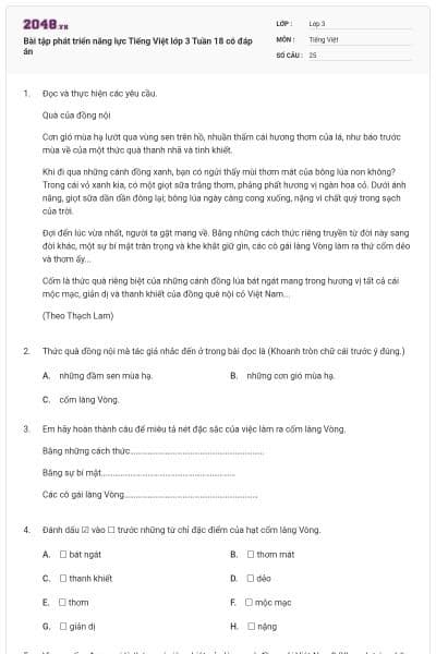 Bài tập phát triển năng lực Tiếng Việt lớp 3 Tuần 18 có đáp án