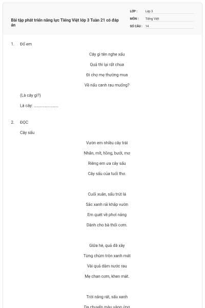 Bài tập phát triển năng lực Tiếng Việt lớp 3 Tuần 21 có đáp án